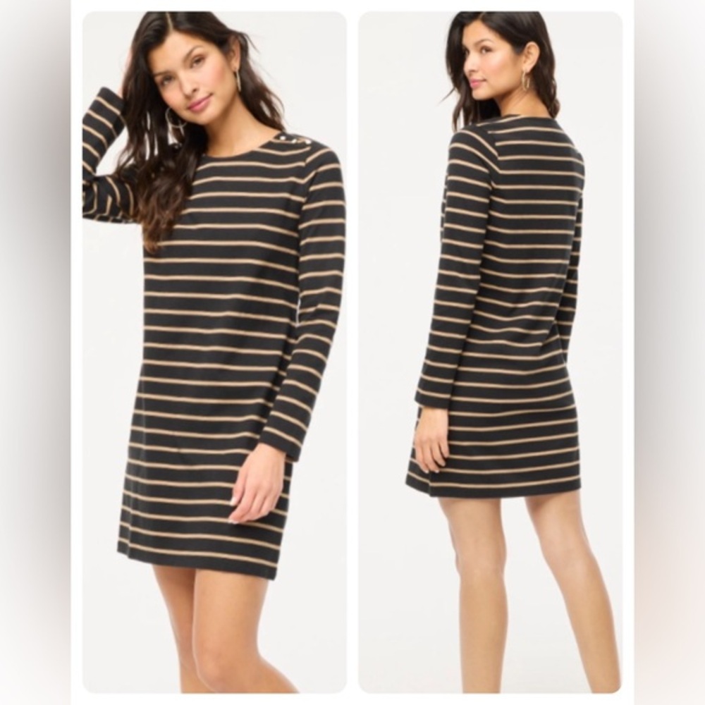 J Crew Striped Shoulder Button Mini Dress Black with Tan Stripes Medium